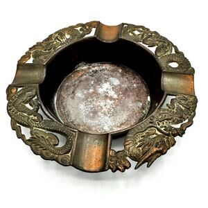 VTG Bronze Copper Dragon Ashtray 5” Asian Motif Good Patina
